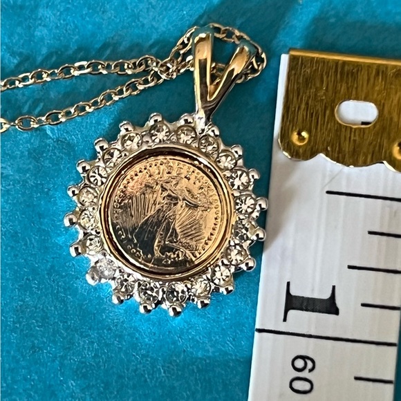 Vintage Liberty coin necklace w/ simulated diamonds, panda on other side of coin - Picture 4 of 4